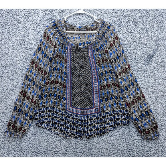 Lucky Brand Sheer Top Womens M Button Up Festival Hippie Boho 70s Geometric Blue - Picture 1 of 10